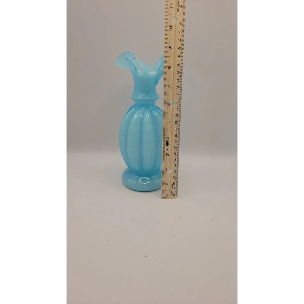 Vintage Fenton Blue Overlay Melon Pitcher Ewer Ruffled Beaded Handle 1940s 1950s